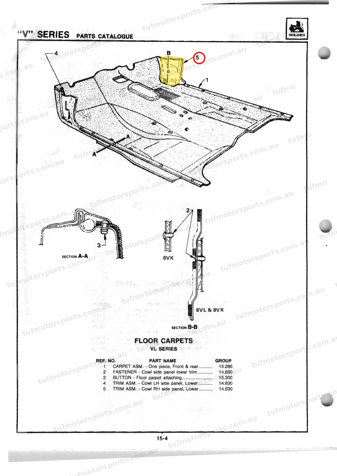 Original Holden VL catalogue page 15-4, RH lower kick panel callout 5 yellow highlight red circle TUF watermark