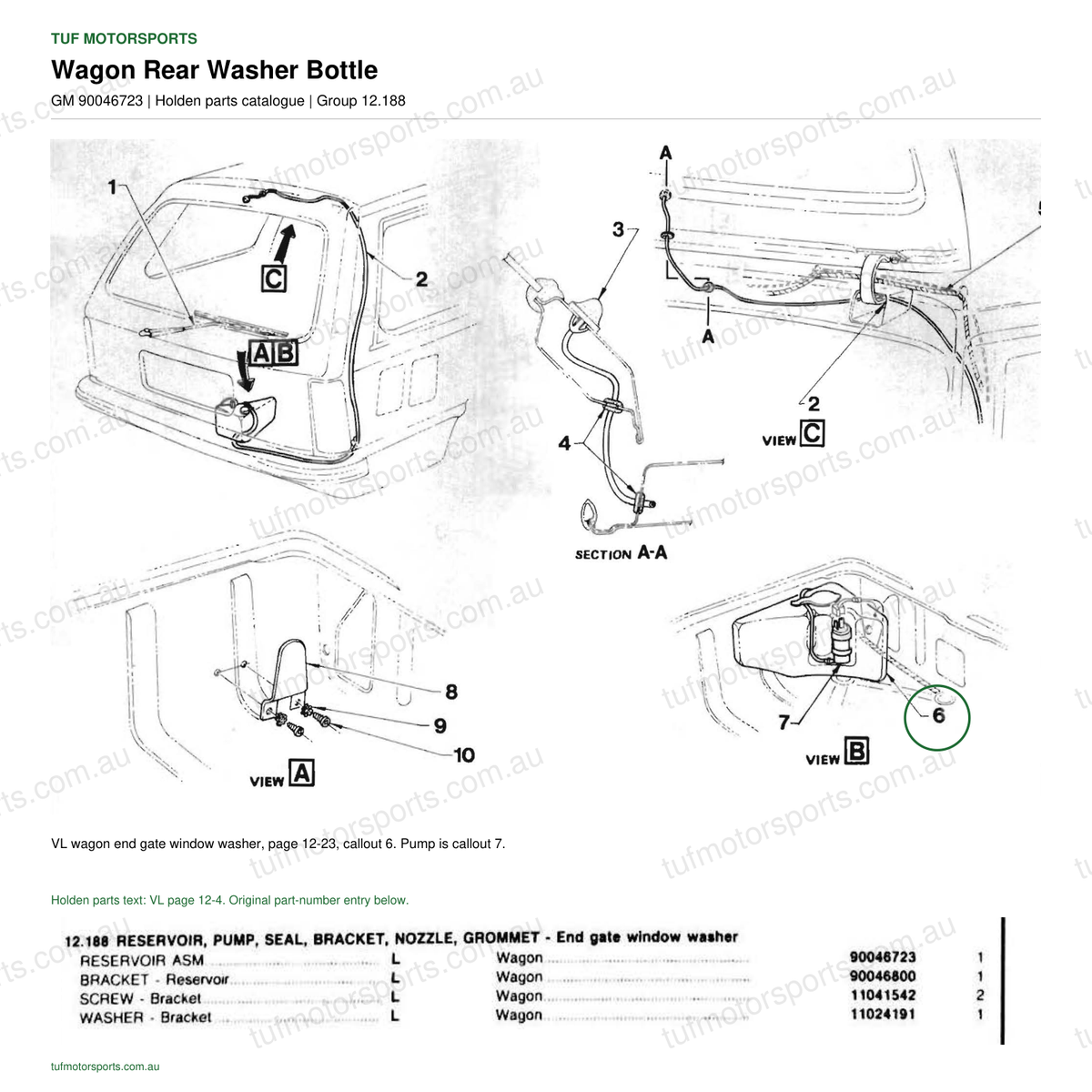 Holden VL parts catalogue, GM 90046723, Wagon Rear Washer Bottle, page 12-23, callout 6; tufmotorsports.com.au watermark.