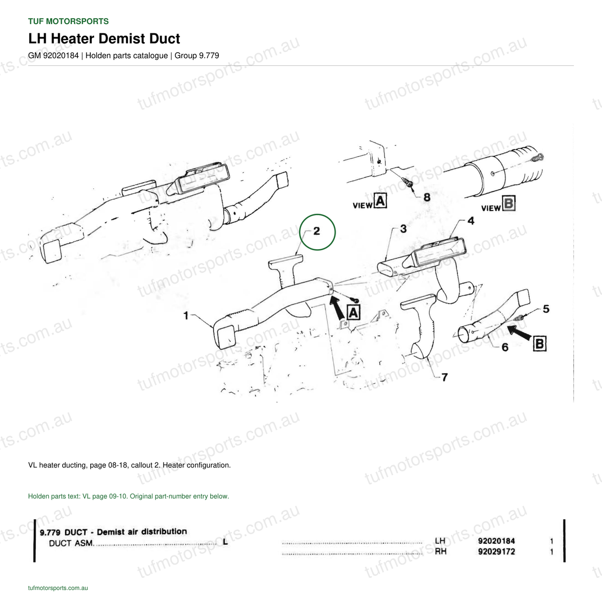 Holden VL parts catalogue, GM 92020184, LH Heater Box Duct, page 08-18, callout 2; tufmotorsports.com.au watermark.