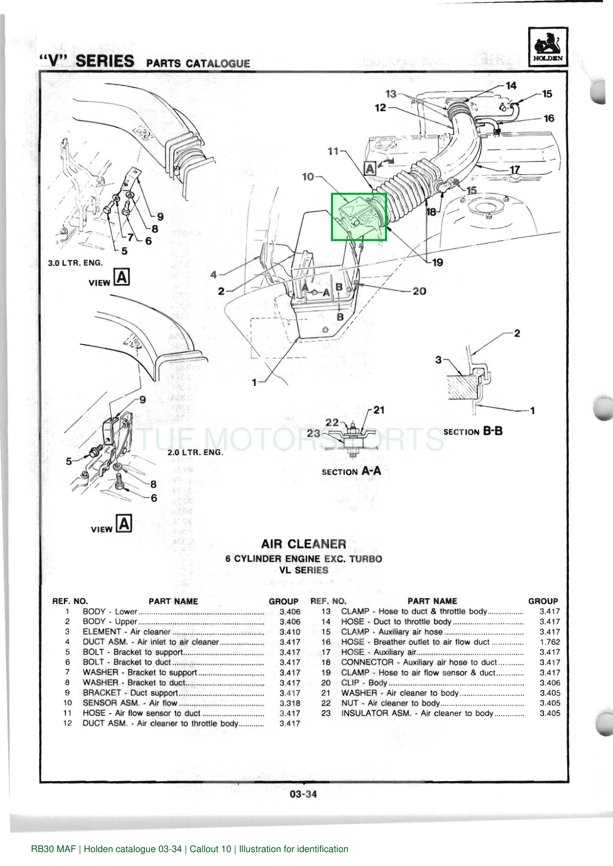 Holden parts catalogue: RB30_MAF, correct component highlighted, TUF Motorsports watermark. Illustration for identification.