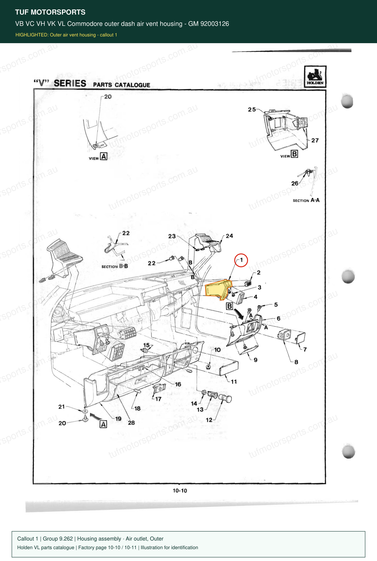 VB VC VH VK VL Commodore outer dash air vent housing – GM 92003126 — Holden VL parts catalogue, page 10-10 / 10-11, callout 1 — part highlighted in yellow
