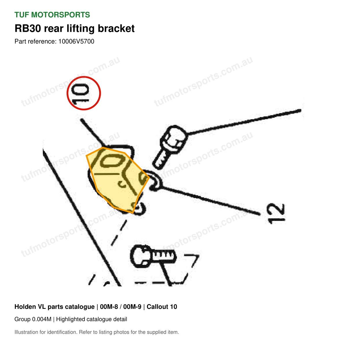 VL RB30 rear lifting bracket, Holden catalogue 00M-8 / 00M-9, callout 10 highlighted with TUF Motorsports watermark
