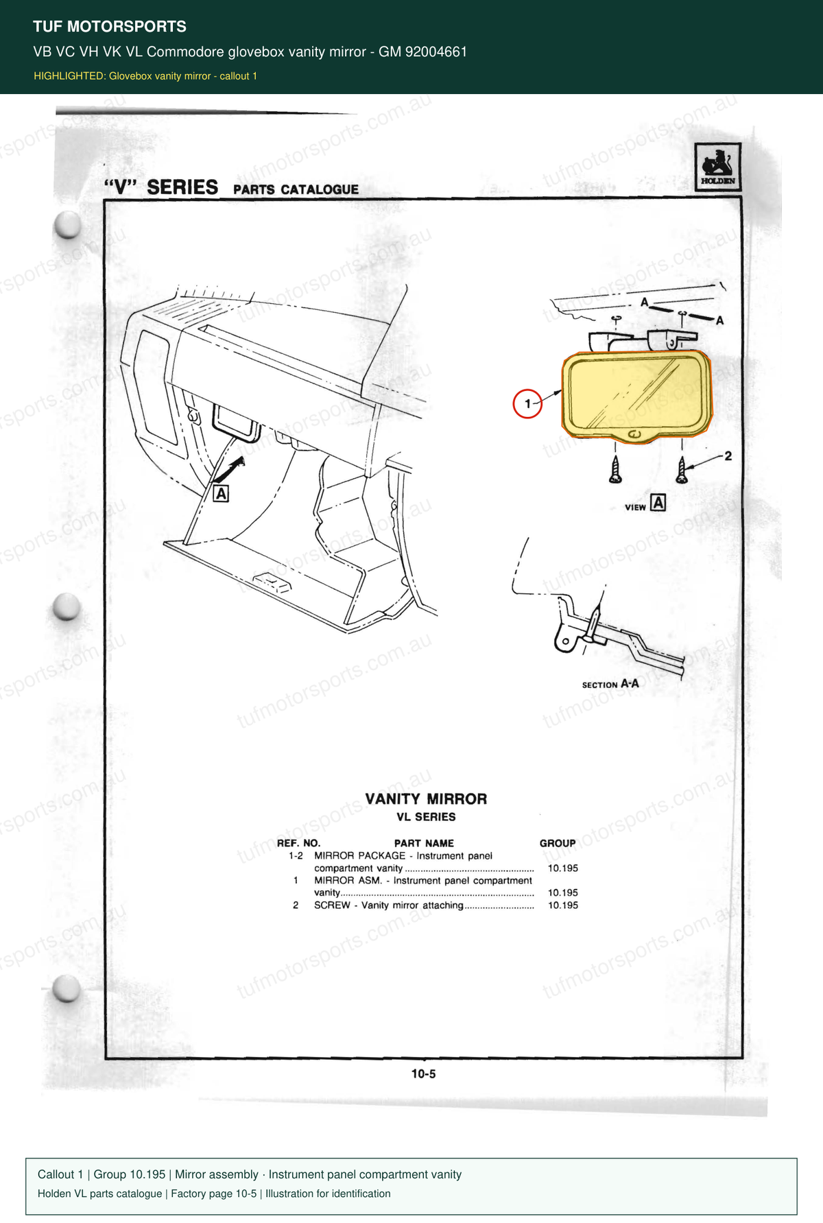 VB VC VH VK VL Commodore glovebox vanity mirror – GM 92004661 — Holden VL parts catalogue, page 10-5, callout 1 — part highlighted in yellow
