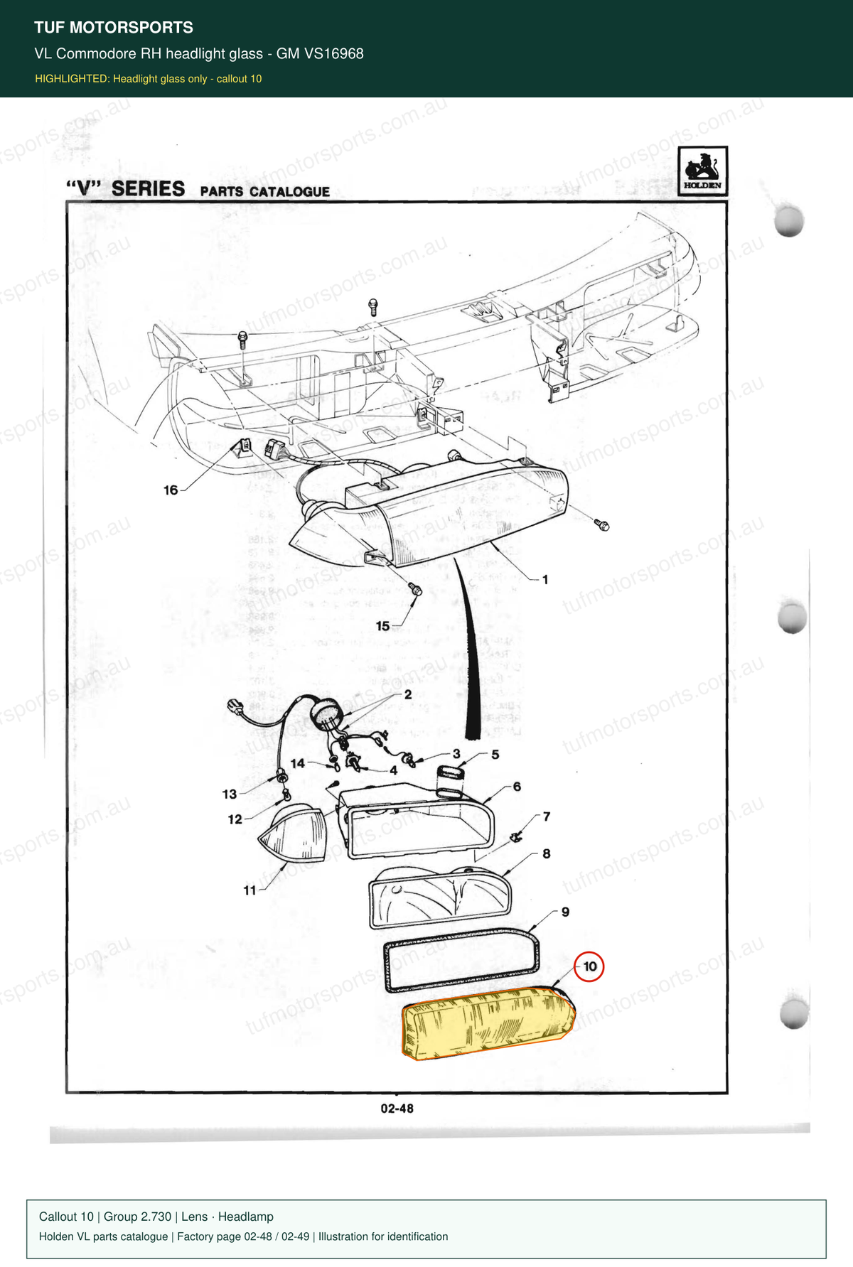 VL Commodore RH headlight glass – GM VS16968 — Holden VL parts catalogue, page 02-48 / 02-49, callout 10 — part highlighted in yellow