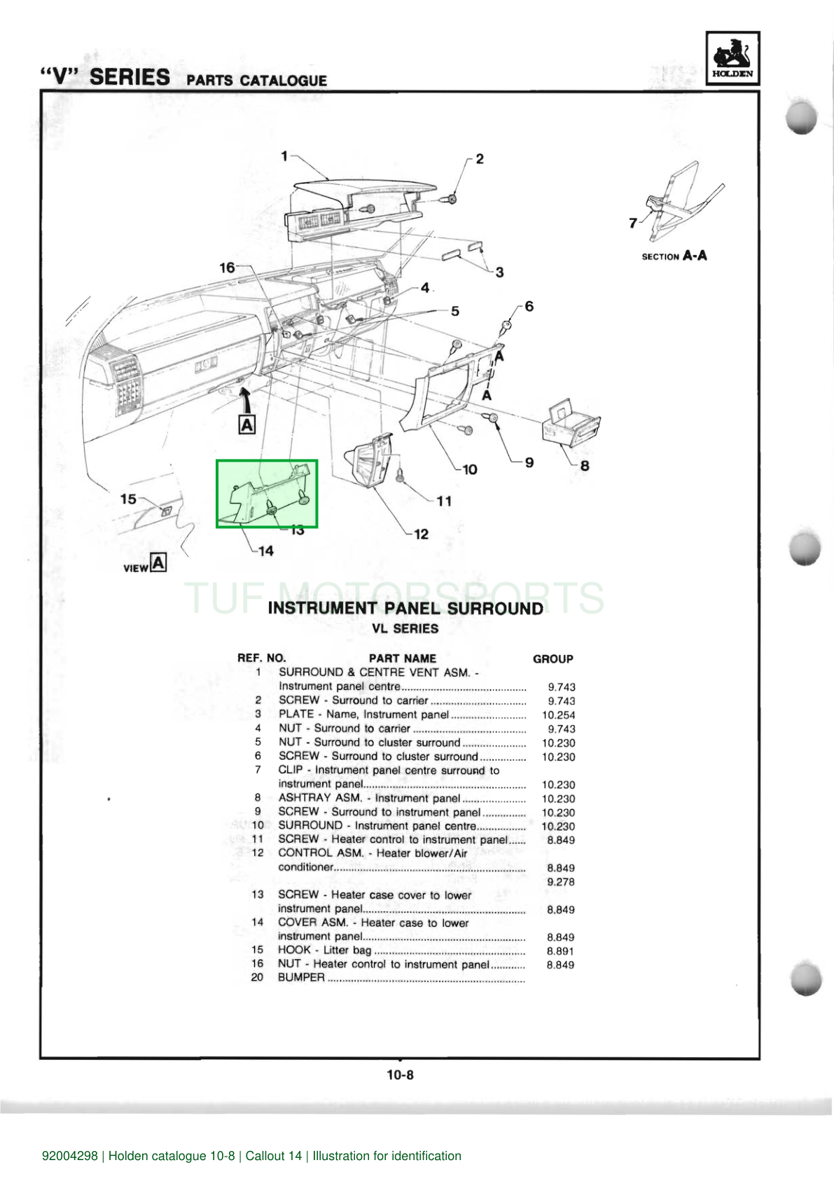 Holden parts catalogue: 92004298, correct component highlighted, TUF Motorsports watermark. Illustration for identification.
