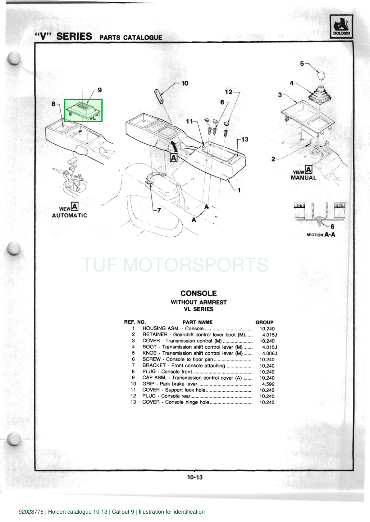 Holden parts catalogue: 92028776, correct component highlighted, TUF Motorsports watermark. Illustration for identification.