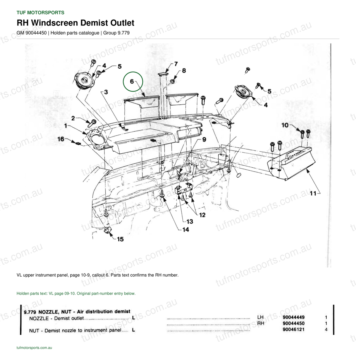 Holden VL parts catalogue, GM 90044450, RH Windscreen Demist Outlet, page 10-9, callout 6; tufmotorsports.com.au watermark.