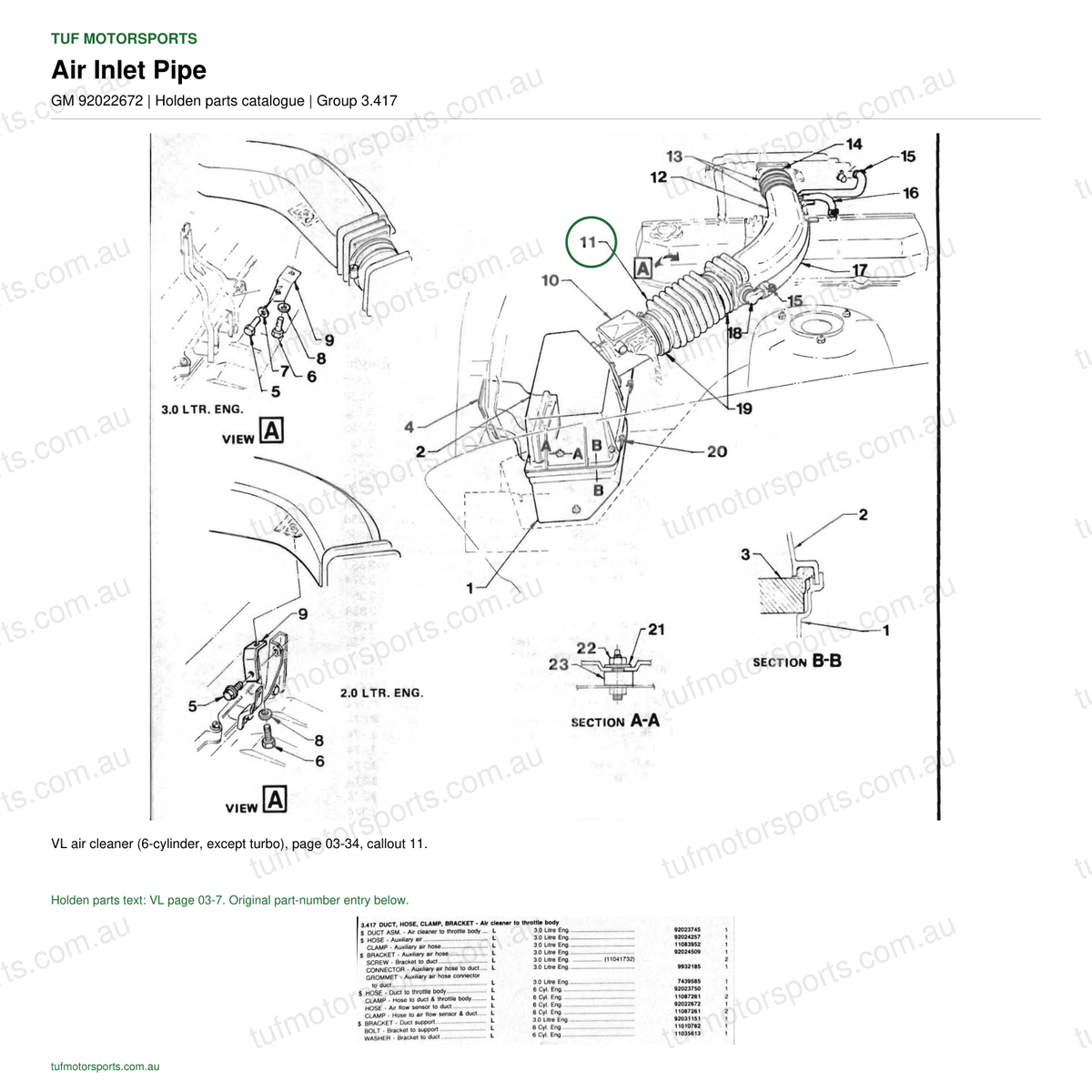 Holden VL parts catalogue, GM 92022672, Air Inlet Pipe, page 03-34, callout 11; tufmotorsports.com.au watermark.