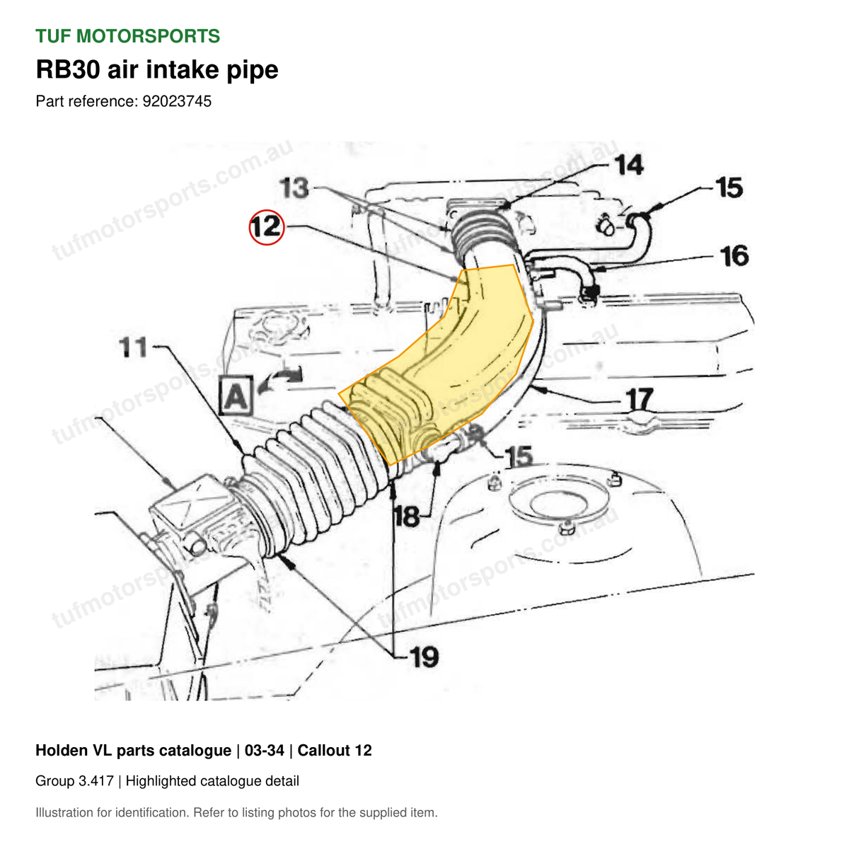VL RB30 air intake pipe, Holden catalogue 03-34, callout 12 highlighted with TUF Motorsports watermark