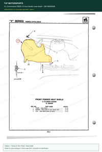 VL Commodore RB30 LH front fender heat shield – GM 92026648 — Holden VL parts catalogue, page 08-6, callout 1 — part highlighted in yellow