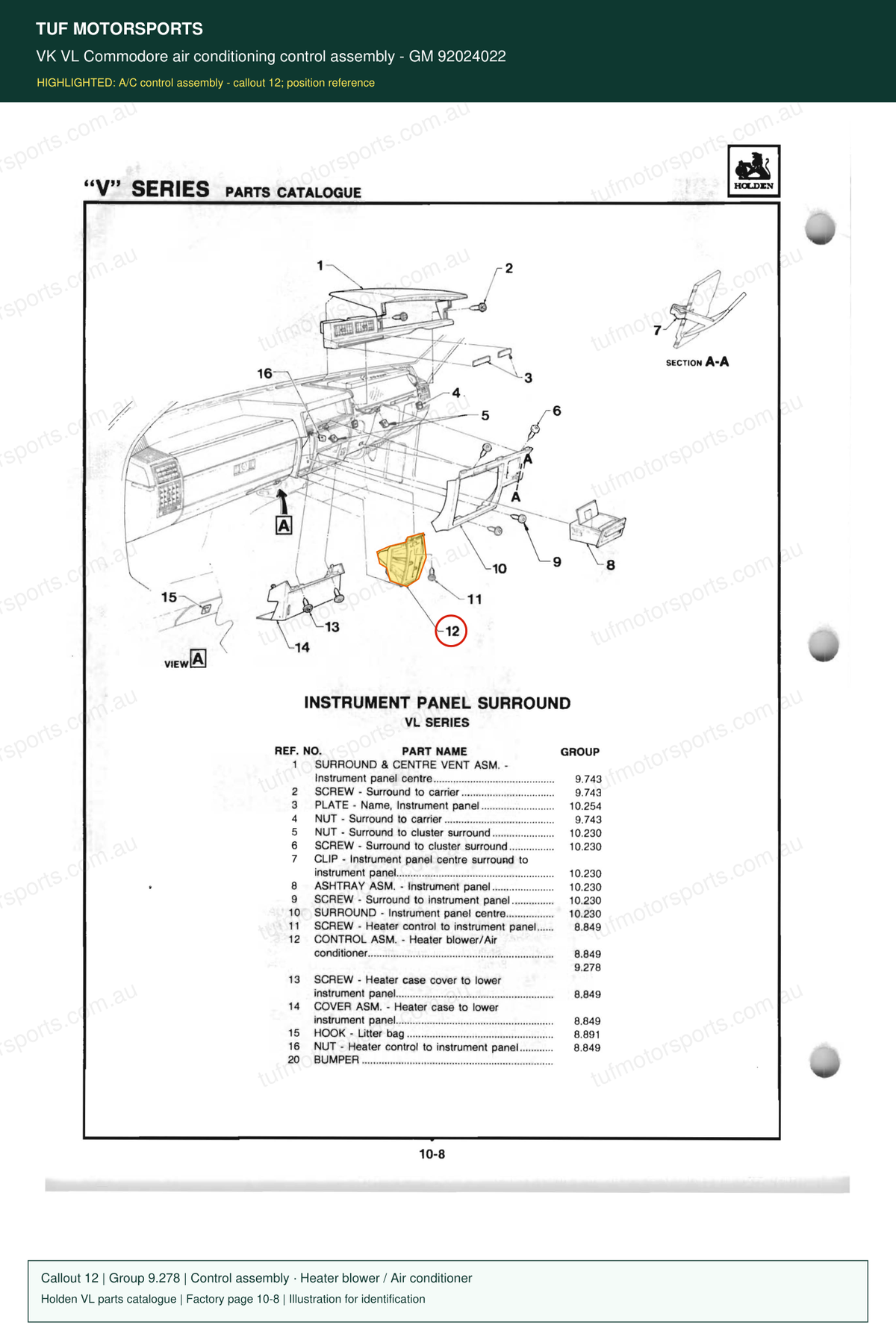 VK VL Commodore air conditioning control assembly – GM 92024022 — Holden VL parts catalogue, page 10-8, callout 12 — part highlighted in yellow