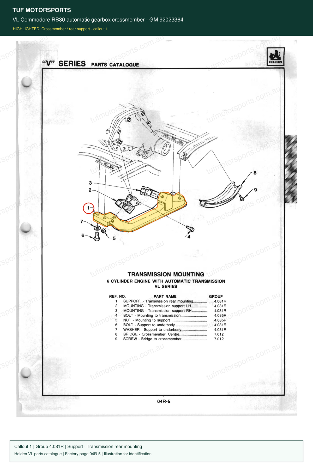 VL Commodore RB30 automatic gearbox crossmember – GM 92023364 — Holden VL parts catalogue, page 04R-5, callout 1 — part highlighted in yellow
