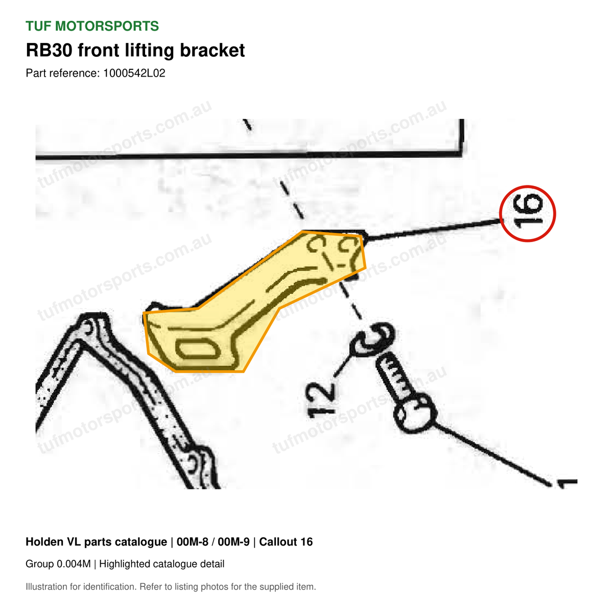 VL RB30 front lifting bracket, Holden catalogue 00M-8 / 00M-9, callout 16 highlighted with TUF Motorsports watermark