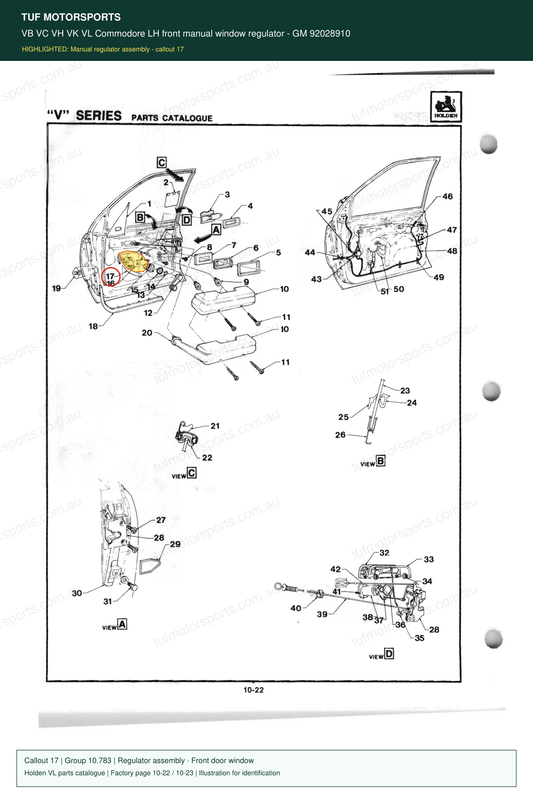 VB VC VH VK VL Commodore LH front manual window regulator – GM 92028910