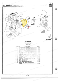 Holden VL factory parts catalogue 10-14: console armrest support callout 2 circled red, part highlighted yellow, TUF Motorsports watermark